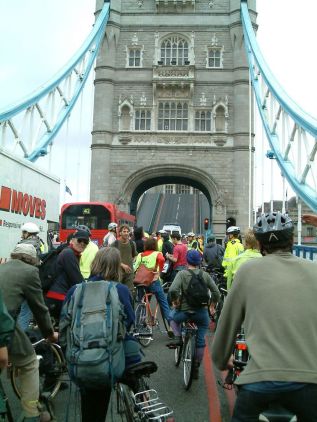 Even Critical Mass has to wait when Tower Bridge is up