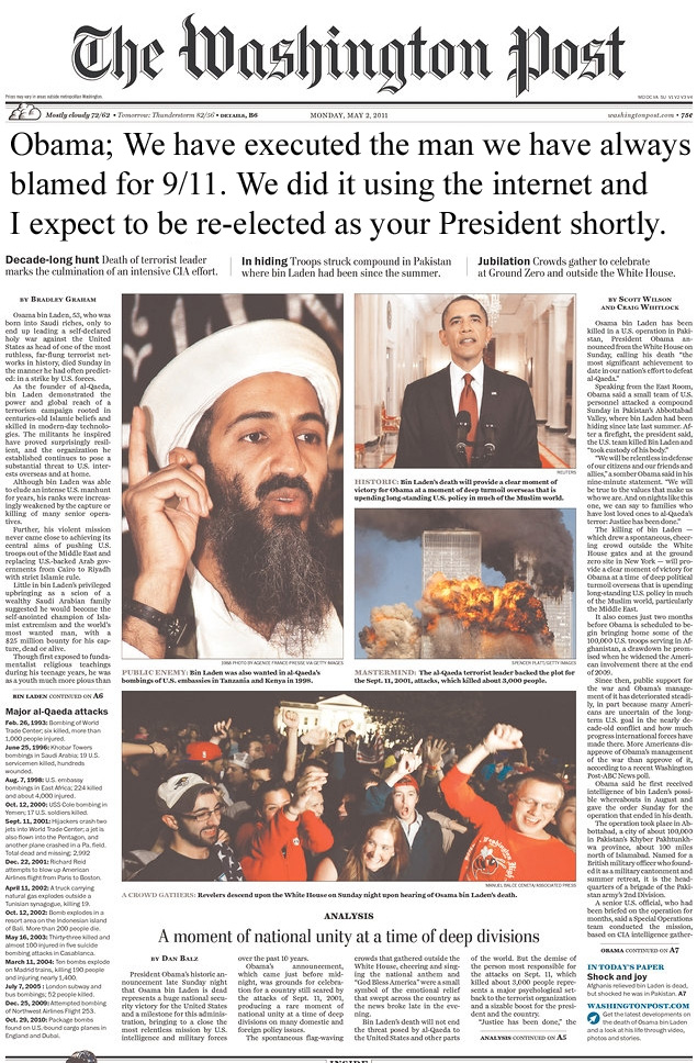 Washington Post Osama Bn Laden Dead Front Page