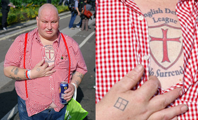 EDL Kevin Smith with poorly-covered Swastika tattoo