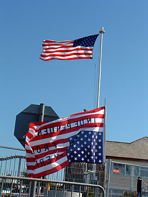 Official and unoffical flags outside Menwith Hill spy base.