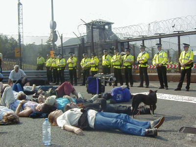 A die-in to blockade the front gate