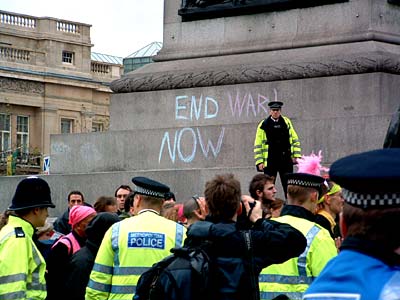 Chalk slogans on Nelsons column.