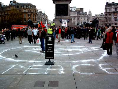 Peace symbol painted in Trafalgar Square.