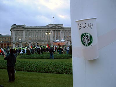 Subverted Starbucks cup sends a message to the Palace.