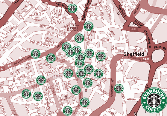 Map of Sheffield showing planned Starbucks development by 2010