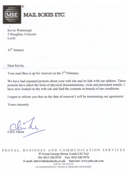 Letter from MBE to the BPP's mail-rat Kev Watmough
