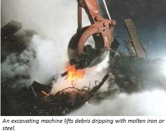 debris dripping with molten iron or steel