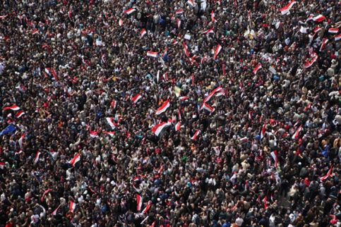 Egyptians protest at Tahrir Square on the day Mubarak left office, 11 February.