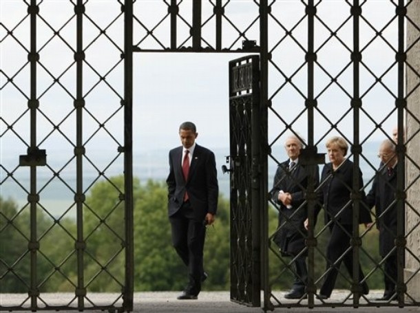 Obama and Merkel tour the Buchenwald concentration camp in Germany, 5 June 2009